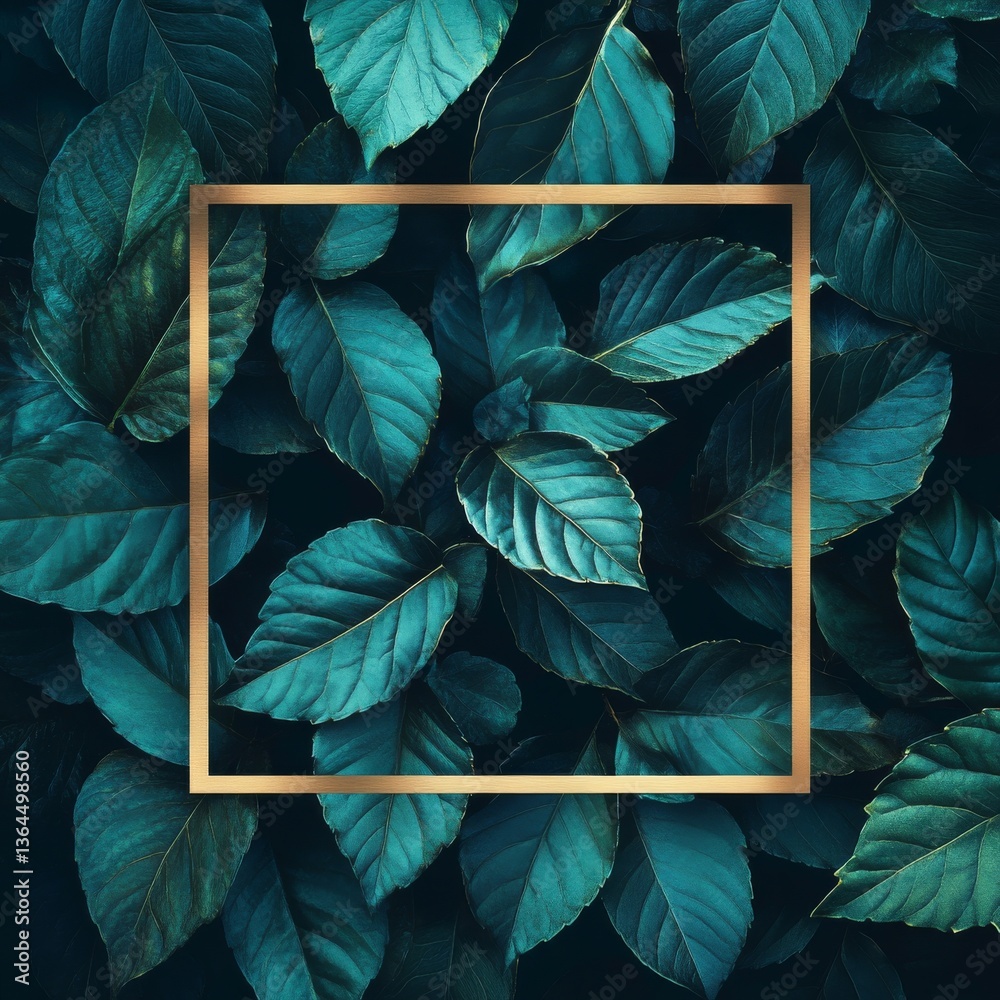 Aufkleber teal leaves with golden frame: a luxurious and natural botanical design element with dark and moody 