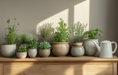 Fototapeta premium Various indoor plants, including bamboo, on a wooden sideboard against white walls