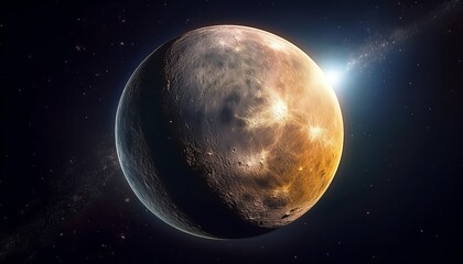 Fototapeta premium A stunning view of a celestial body illuminated by sunlight, showcasing its rugged surface and cosmic surroundings in deep space.