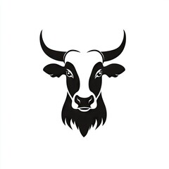 A stylized bull head, black and white, facing forward.  Bold horns and detailed features