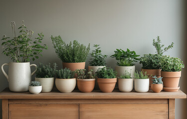 Fototapeta premium Various indoor plants, including bamboo, on a wooden sideboard against white walls