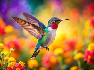 Fototapeta premium Panoramic Hummingbird in Flight, Vibrant Floral Background - Stock Photo