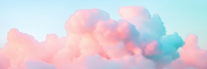 pink and blue fluffy clouds floating in a pastel sky, evokes a feeling of dreamlike serenity and peacefulness. The clouds are detailed in their texture, giving them a soft, airy quality