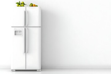 White refrigerator with fruits on white wall, modern kitchen
