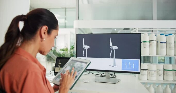 Tablet, windmill and business woman on computer for sustainability, power grid and renewable energy. Engineer, digital tech and person with wind turbine for electricity, climate change and planning