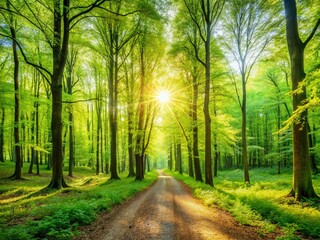 Fototapeta premium Panoramic Spring Forest: Vibrant Green Canopy, New Growth, Sunlight Dappled Path