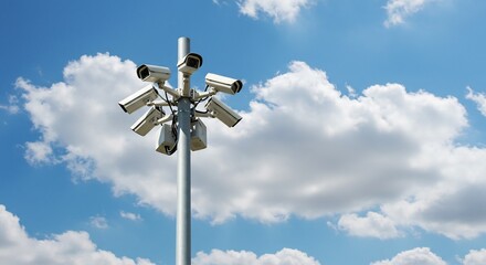 青空背景、監視カメラ複数台設置、警戒厳重な構図