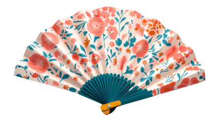 Three small, partially opened hand fans are arranged horizontally against a white background. The fan on the left features red and white stripes with some red floral accents and a light brown base. Th