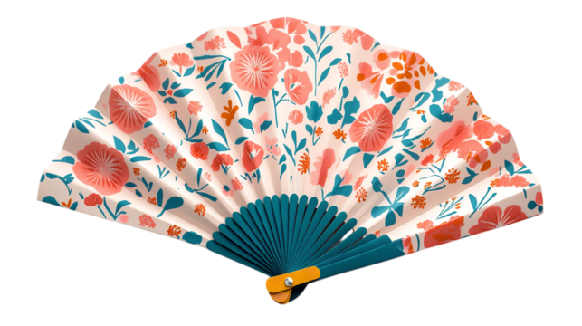 Three small, partially opened hand fans are arranged horizontally against a white background. The fan on the left features red and white stripes with some red floral accents and a light brown base. Th