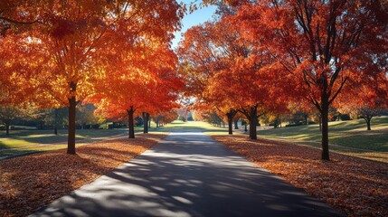 Obraz premium Autumnal Majesty: A Picturesque Driveway Lined with Vibrant Red Maple Trees