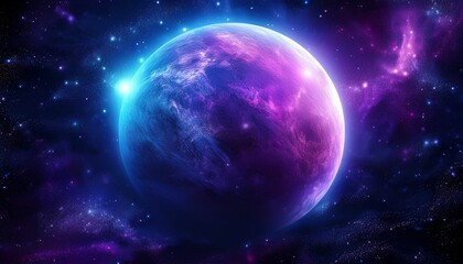 Obraz premium A vibrant planet surrounded by a cosmic backdrop of stars and nebulae, showcasing shades of blue and purple in a mesmerizing celestial scene.