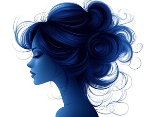 Elegant woman with flowing dark blue hair in profile view