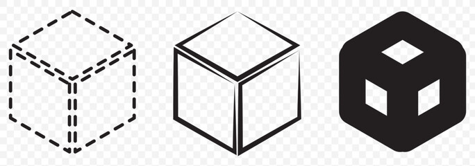 Obraz premium Set of Black cubes vector icons. Black simple cube pictogram. 3d box graphic concept. Graphic element vector on Transparent Background. EPS 10.