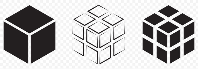 Fototapeta premium Set of Black cubes vector icons. Black simple cube pictogram. 3d box graphic concept. Graphic element vector on Transparent Background. EPS 10.