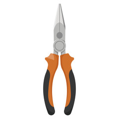 Long-nose pliers with orange and black rubber handles shown on a white background. Tool used for gripping, bending, and cutting wires. Vector illustration