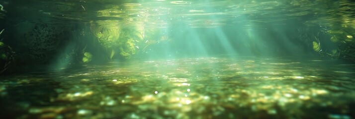 Sunlight filters through water in an underwater scene, creating a mesmerizing display of light and shadow. The aquatic environment is filled with subtle textures and vibrant shades