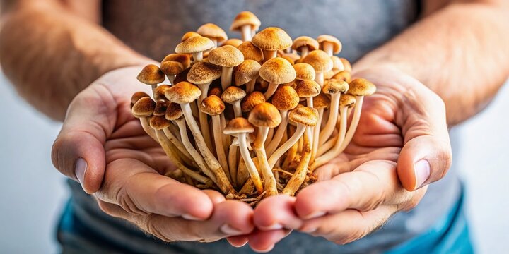 Psilocybin Mushrooms in Hands: Psychotropic Therapy Stock Photo