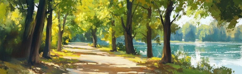 Idyllic Path through Verdant Trees Beside a Tranquil Lake Landscape