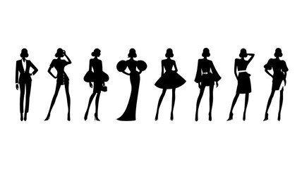Silhouettes of women in various fashion poses.
