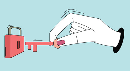 A minimalist vector illustration of a hand holding a padlock key, symbolizing security, protection, and access. Ideal for themes of safety, trust, and unlocking potential.