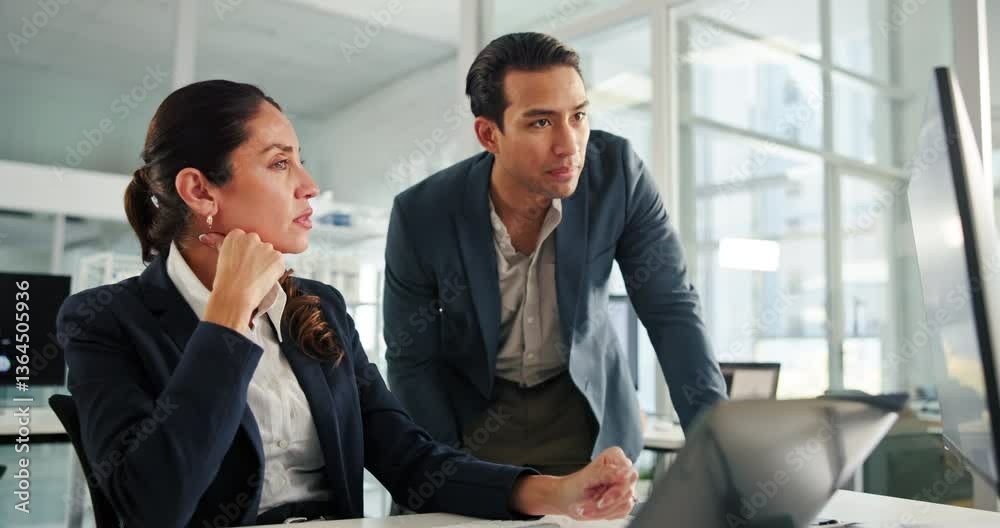 Leinwandbilder laptop, research and teamwork with business people in office for report, review or update. collabora