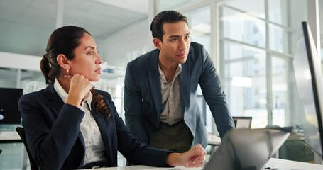 Laptop, research and teamwork with business people in office for report, review or update. Collaboration, conversation and pointing at computer with employee team at desk in workplace for discussion - Powered by Adobe