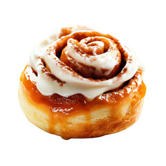 Fototapeta premium Delicious cinnamon roll with icing and caramel drizzle. isolated on white background
