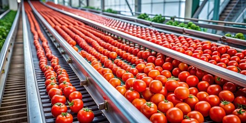 Red Ripe Tomatoes on Conveyor Belt in Food Processing Factory