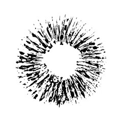 Paint brush stroke. Grunge ink. Black rough splash isolated on white background. Splatter stain. Round spot texture. Circle drawing. Hand drawn burst. Splat spray. Radial distress. Vector illustration
