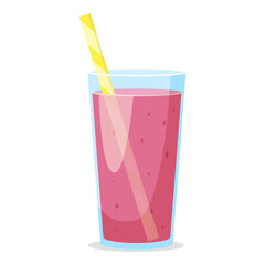 Glass of pink smoothie with a yellow striped straw on a white background. Healthy beverage concept. Vector illustration
