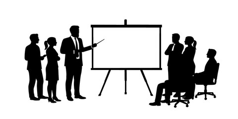 Silhouette Illustration of Male Executive Pointing at Presentation Board in Front of Team, Representing Business Strategy and Discussion