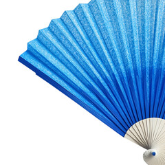 A vibrant blue folding hand fan, partially opened, displaying uniform pleats radiating from the base.



