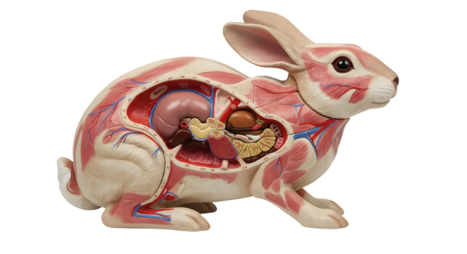 Anatomically detailed rabbit model showcasing internal organs and muscle structure in a vibrant, educational representation for biology enthusiasts and students