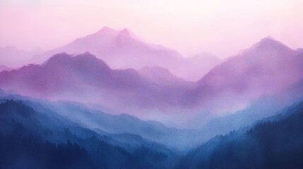 Fototapeta premium Serene Lavender and Blue Mountain Range at Dawn Misty Peaks and Valleys Landscape