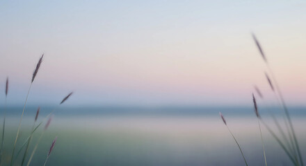 Soft pastel sky with water and grass in foreground view