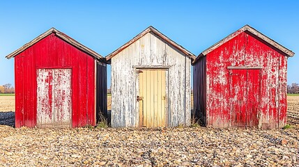 Three weathered sheds with peeling paint under a bright blue sky