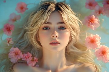 Naklejka premium Commercial ad campaign concept. Lovely caucasian young woman surrounded by cherry blossoms. Spring mood, golden hour in sunset. Spring-inspired woman in cherry blossoms.