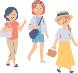 お出かけする若い女性たちのイラスト