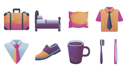 Travel sleep style and daily essentials; a collection of colorful graphic icons