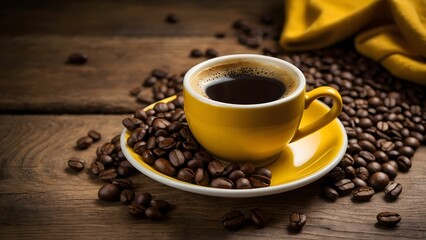 Obraz premium Coffee in a yellow cup surrounded by roasted beans on a wooden table with soft lighting in a cozy atmosphere during morning hours Generative AI