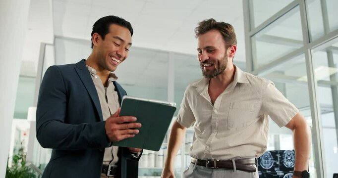 Men, high five and tablet for celebration in office for results, innovation or success at biohacking startup. People, partnership and goals with brain scan, information technology and neurotechnology