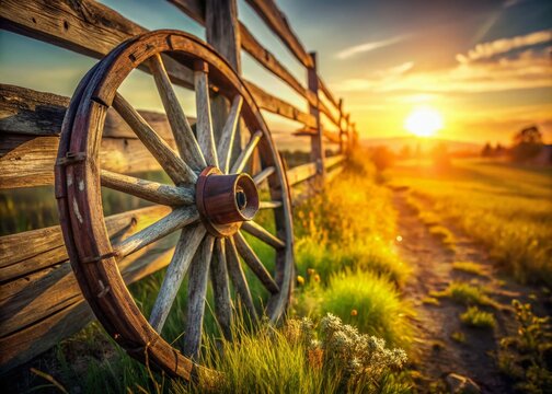 Rustic Vintage Wagon Wheel in a Sun-Drenched Field - Candid Stock Photo