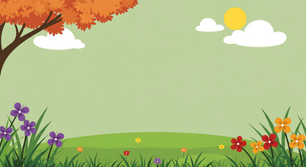 Cartoon landscape with tree flowers sun and green hill