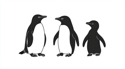 Obraz premium Penguin Family Antarctic Wildlife Black White Illustration.