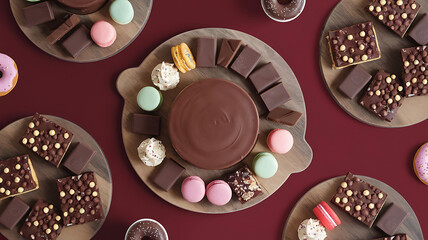 Chocolate treats macarons and desserts on wooden platters Sweet food graphy