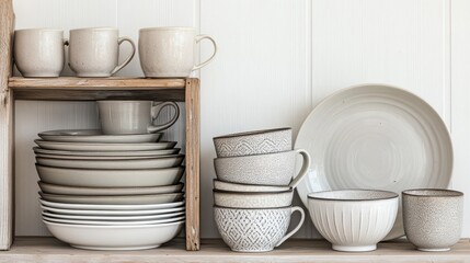 Stylish Rustic Kitchenware Display of Minimalist Plates and Cups