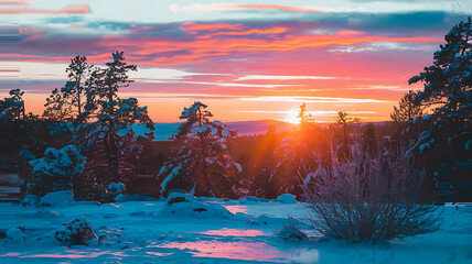 Winter sunrise over snow-covered forest vibrant colors
