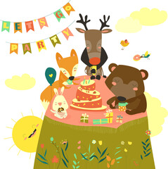 Birthday background with happy animals. Vector illustration