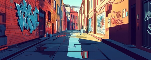 urban alley with graffiti and shadows flat design front view street art theme water color Split-complementary color scheme