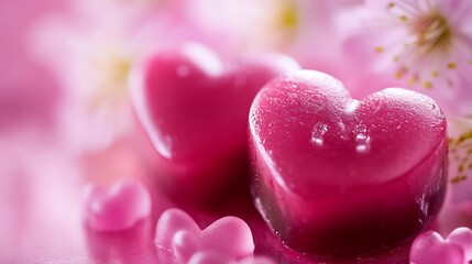 Fototapeta premium Pink Heart Candies with Spring Blossoms. (1)